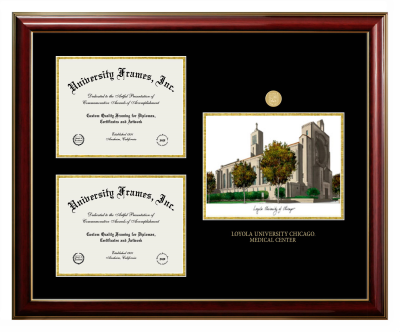 Loyola University Chicago Medical Center Triple Opening with Campus Image Frame in Classic Mahogany with Gold Trim with Black & Gold Mats for document: 8 1/2"h x 11"w  , document: 8 1/2"h x 11"w  