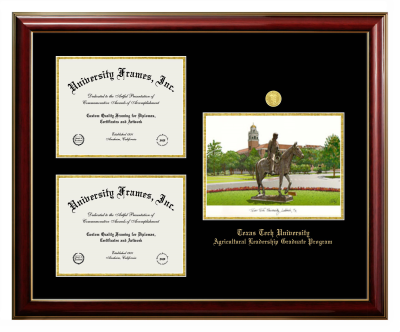 Texas Tech University Agricultural Leadership Graduate Program Triple Opening with Campus Image Frame in Classic Mahogany with Gold Trim with Black & Gold Mats for document: 8 1/2"h x 11"w  , document: 8 1/2"h x 11"w  
