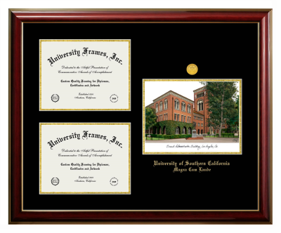 University of Southern California Magna Cum Laude Triple Opening with Campus Image Frame in Classic Mahogany with Gold Trim with Black & Gold Mats for document: 8 1/2"h x 11"w  , document: 8 1/2"h x 11"w  
