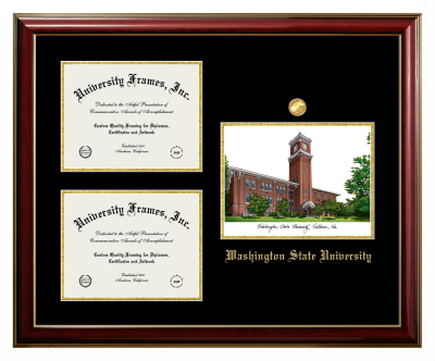 Washington State University Triple Opening with Campus Image Frame in Classic Mahogany with Gold Trim with Black & Gold Mats for document: 8 1/2"h x 11"w  , document: 8 1/2"h x 11"w  