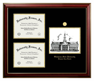 Oklahoma State University Summa Cum Laude Triple Opening with Campus Image Frame in Classic Mahogany with Gold Trim with Black & Gold Mats for document: 8 1/2"h x 11"w  , document: 8 1/2"h x 11"w  