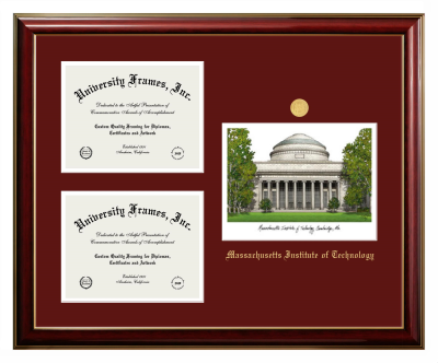 Massachusetts Institute of Technology Triple Opening with Campus Image Frame in Classic Mahogany with Gold Trim with Maroon & White Mats for document: 8 1/2"h x 11"w  , document: 8 1/2"h x 11"w  