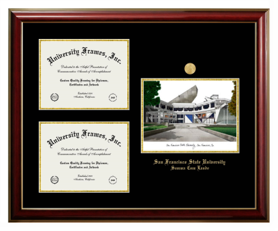 San Francisco State University Summa Cum Laude Triple Opening with Campus Image Frame in Classic Mahogany with Gold Trim with Black & Gold Mats for document: 8 1/2"h x 11"w  , document: 8 1/2"h x 11"w  