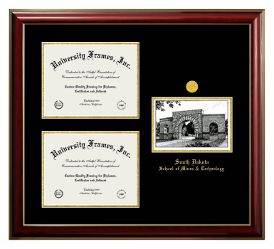 South Dakota School of Mines & Technology Triple Opening with Campus Image Frame in Classic Mahogany with Gold Trim with Black & Gold Mats for document: 8 1/2"h x 11"w  , document: 8 1/2"h x 11"w  