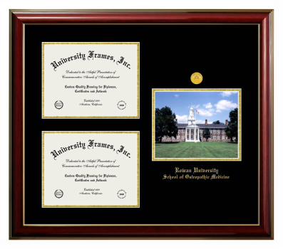 Rowan University School of Osteopathic Medicine Triple Opening with Campus Image Frame in Classic Mahogany with Gold Trim with Black & Gold Mats for document: 8 1/2"h x 11"w  , document: 8 1/2"h x 11"w  