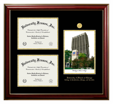 University of Illinois at Chicago College of Architecture, Design, and the Arts Triple Opening with Campus Image Frame in Classic Mahogany with Gold Trim with Black & Gold Mats for document: 8 1/2"h x 11"w  , document: 8 1/2"h x 11"w  