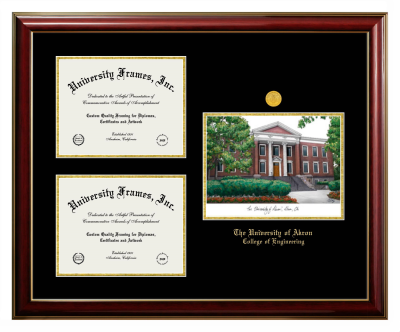 University of Akron College of Engineering Triple Opening with Campus Image Frame in Classic Mahogany with Gold Trim with Black & Gold Mats for document: 8 1/2"h x 11"w  , document: 8 1/2"h x 11"w  