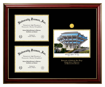 University of California San Diego Skaggs School of Pharmacy and Pharmaceutical Sciences Triple Opening with Campus Image Frame in Classic Mahogany with Gold Trim with Black & Gold Mats for document: 8 1/2"h x 11"w  , document: 8 1/2"h x 11"w  