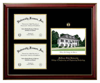 McNeese State University College of Engineering and Engineering Technology Triple Opening with Campus Image Frame in Classic Mahogany with Gold Trim with Black & Gold Mats for document: 8 1/2"h x 11"w  , document: 8 1/2"h x 11"w  