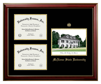 McNeese State University Triple Opening with Campus Image Frame in Classic Mahogany with Gold Trim with Black & Gold Mats for document: 8 1/2"h x 11"w  , document: 8 1/2"h x 11"w  