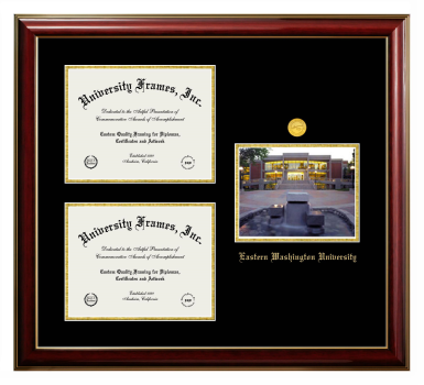Eastern Washington University Triple Opening with Campus Image Frame in Classic Mahogany with Gold Trim with Black & Gold Mats for document: 8 1/2"h x 11"w  , document: 8 1/2"h x 11"w  