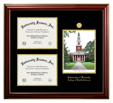 University of Kentucky College of Health Sciences Triple Opening with Campus Image Frame in Classic Mahogany with Gold Trim with Black & Gold Mats for document: 8 1/2"h x 11"w  , document: 8 1/2"h x 11"w  