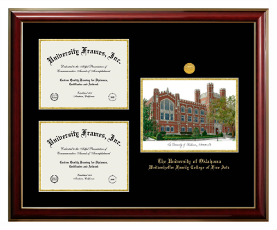 University of Oklahoma Weitzenhoffer Family College of Fine Arts Triple Opening with Campus Image Frame in Classic Mahogany with Gold Trim with Black & Gold Mats for document: 8 1/2"h x 11"w  , document: 8 1/2"h x 11"w  