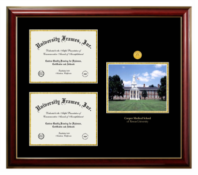 Rowan University Cooper Medical School Triple Opening with Campus Image Frame in Classic Mahogany with Gold Trim with Black & Gold Mats for document: 8 1/2"h x 11"w  , document: 8 1/2"h x 11"w  