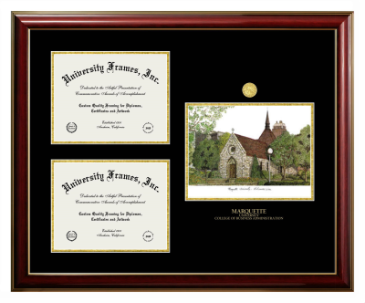 Marquette University College of Business Administration Triple Opening with Campus Image Frame in Classic Mahogany with Gold Trim with Black & Gold Mats for document: 8 1/2"h x 11"w  , document: 8 1/2"h x 11"w  