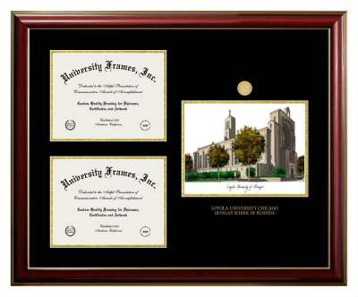 Loyola University Chicago Quinlan School of Business Triple Opening with Campus Image Frame in Classic Mahogany with Gold Trim with Black & Gold Mats for document: 8 1/2"h x 11"w  , document: 8 1/2"h x 11"w  