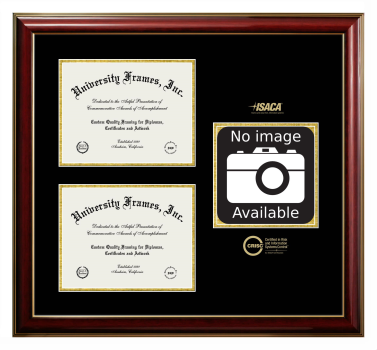 Certified in Risk and Information Systems Control (ISACA) Triple Opening with Campus Image Frame in Classic Mahogany with Gold Trim with Black & Gold Mats for document: 8 1/2"h x 11"w  , document: 8 1/2"h x 11"w  