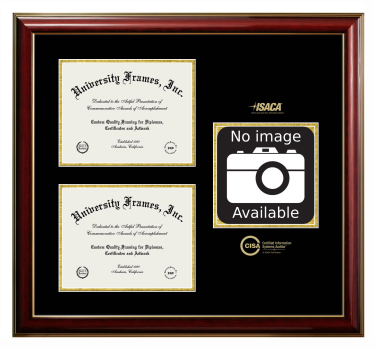 Certified Information Systems Auditor (ISACA) Triple Opening with Campus Image Frame in Classic Mahogany with Gold Trim with Black & Gold Mats for document: 8 1/2"h x 11"w  , document: 8 1/2"h x 11"w  