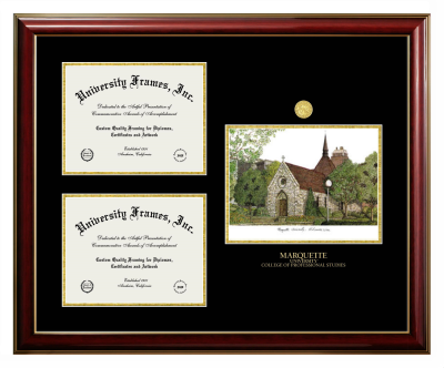Marquette University College of Professional Studies Triple Opening with Campus Image Frame in Classic Mahogany with Gold Trim with Black & Gold Mats for document: 8 1/2"h x 11"w  , document: 8 1/2"h x 11"w  