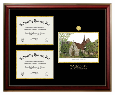 Marquette University Graduate School Triple Opening with Campus Image Frame in Classic Mahogany with Gold Trim with Black & Gold Mats for document: 8 1/2"h x 11"w  , document: 8 1/2"h x 11"w  