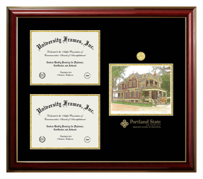 Portland State University Graduate School of Education Triple Opening with Campus Image Frame in Classic Mahogany with Gold Trim with Black & Gold Mats for document: 8 1/2"h x 11"w  , document: 8 1/2"h x 11"w  