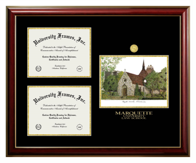 Marquette University Law School Triple Opening with Campus Image Frame in Classic Mahogany with Gold Trim with Black & Gold Mats for document: 8 1/2"h x 11"w  , document: 8 1/2"h x 11"w  