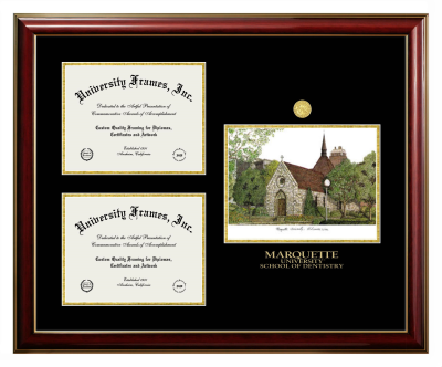 Marquette University School of Dentistry Triple Opening with Campus Image Frame in Classic Mahogany with Gold Trim with Black & Gold Mats for document: 8 1/2"h x 11"w  , document: 8 1/2"h x 11"w  