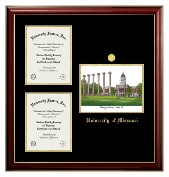 University of Missouri Triple Opening with Campus Image Frame in Classic Mahogany with Gold Trim with Black & Gold Mats for  11"h x 8 1/2"w  ,  11"h x 8 1/2"w  