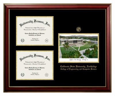 California State University, Northridge College of Engineering and Computer Science Triple Opening with Campus Image Frame in Classic Mahogany with Gold Trim with Black & Gold Mats for document: 8 1/2"h x 11"w  , document: 8 1/2"h x 11"w  