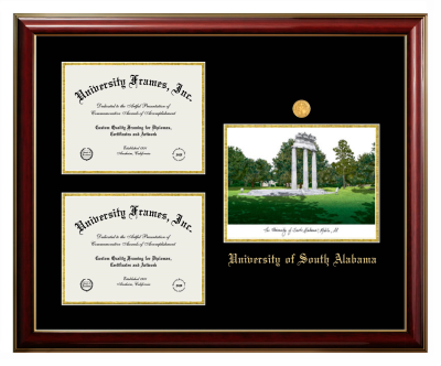 University of South Alabama Triple Opening with Campus Image Frame in Classic Mahogany with Gold Trim with Black & Gold Mats for document: 8 1/2"h x 11"w  , document: 8 1/2"h x 11"w  