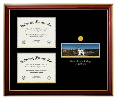 Saint Mary's College of California Triple Opening with Campus Image Frame in Classic Mahogany with Gold Trim with Black & Gold Mats for document: 8 1/2"h x 11"w  , document: 8 1/2"h x 11"w  
