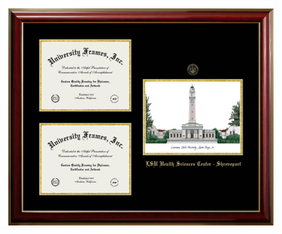 Louisiana State University Health Sciences Center - Shreveport Triple Opening with Campus Image Frame in Classic Mahogany with Gold Trim with Black & Gold Mats for document: 8 1/2"h x 11"w  , document: 8 1/2"h x 11"w  