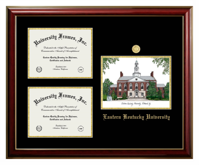 Eastern Kentucky University Triple Opening with Campus Image Frame in Classic Mahogany with Gold Trim with Black & Gold Mats for document: 8 1/2"h x 11"w  , document: 8 1/2"h x 11"w  