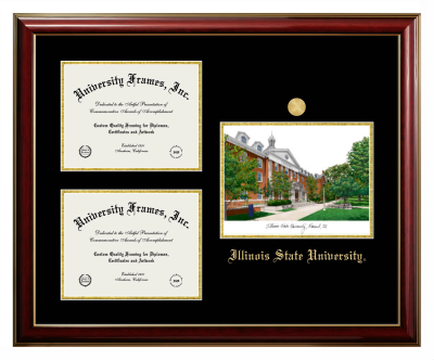 Illinois State University Triple Opening with Campus Image Frame in Classic Mahogany with Gold Trim with Black & Gold Mats for document: 8 1/2"h x 11"w  , document: 8 1/2"h x 11"w  