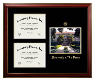 University of La Verne Triple Opening with Campus Image Frame in Classic Mahogany with Gold Trim with Black & Gold Mats for document: 8 1/2"h x 11"w  , document: 8 1/2"h x 11"w  