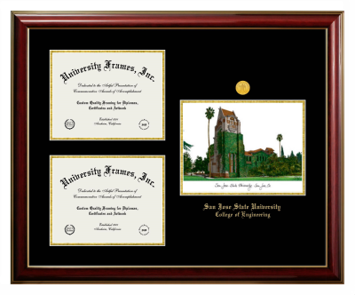 San Jose State University College of Engineering Triple Opening with Campus Image Frame in Classic Mahogany with Gold Trim with Black & Gold Mats for document: 8 1/2"h x 11"w  , document: 8 1/2"h x 11"w  