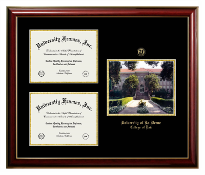 University of La Verne College of Law Triple Opening with Campus Image Frame in Classic Mahogany with Gold Trim with Black & Gold Mats for document: 8 1/2"h x 11"w  , document: 8 1/2"h x 11"w  