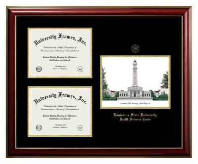Louisiana State University Health Sciences Center Triple Opening with Campus Image Frame in Classic Mahogany with Gold Trim with Black & Gold Mats for document: 8 1/2"h x 11"w  , document: 8 1/2"h x 11"w  