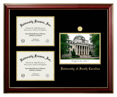 University of South Carolina Triple Opening with Campus Image Frame in Classic Mahogany with Gold Trim with Black & Gold Mats for document: 8 1/2"h x 11"w  , document: 8 1/2"h x 11"w  