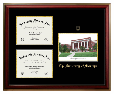 University of Memphis Triple Opening with Campus Image Frame in Classic Mahogany with Gold Trim with Black & Gold Mats for document: 8 1/2"h x 11"w  , document: 8 1/2"h x 11"w  