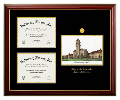 Utah State University School of Education Triple Opening with Campus Image Frame in Classic Mahogany with Gold Trim with Black & Gold Mats for document: 8 1/2"h x 11"w  , document: 8 1/2"h x 11"w  
