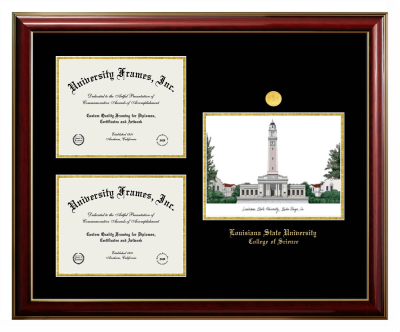 Louisiana State University College of Science Triple Opening with Campus Image Frame in Classic Mahogany with Gold Trim with Black & Gold Mats for document: 8 1/2"h x 11"w  , document: 8 1/2"h x 11"w  