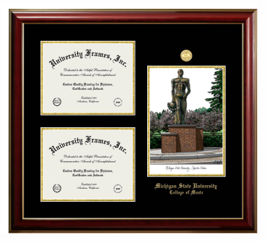 Michigan State University College of Music Triple Opening with Campus Image Frame in Classic Mahogany with Gold Trim with Black & Gold Mats for document: 8 1/2"h x 11"w  , document: 8 1/2"h x 11"w  