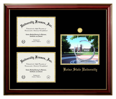 Boise State University Triple Opening with Campus Image Frame in Classic Mahogany with Gold Trim with Black & Gold Mats for document: 8 1/2"h x 11"w  , document: 8 1/2"h x 11"w  