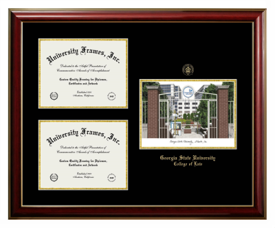 Georgia State University College of Law Triple Opening with Campus Image Frame in Classic Mahogany with Gold Trim with Black & Gold Mats for document: 8 1/2"h x 11"w  , document: 8 1/2"h x 11"w  