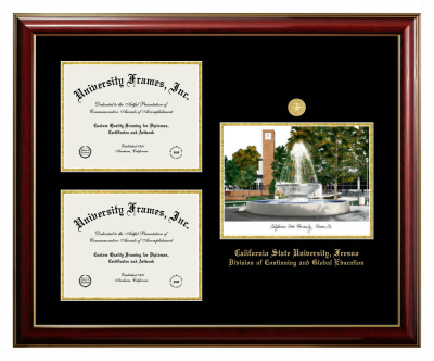 California State University, Fresno Division of Continuing and Global Education Triple Opening with Campus Image Frame in Classic Mahogany with Gold Trim with Black & Gold Mats for document: 8 1/2"h x 11"w  , document: 8 1/2"h x 11"w  