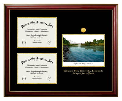 California State University, Sacramento College of Arts & Letters Triple Opening with Campus Image Frame in Classic Mahogany with Gold Trim with Black & Gold Mats for document: 8 1/2"h x 11"w  , document: 8 1/2"h x 11"w  