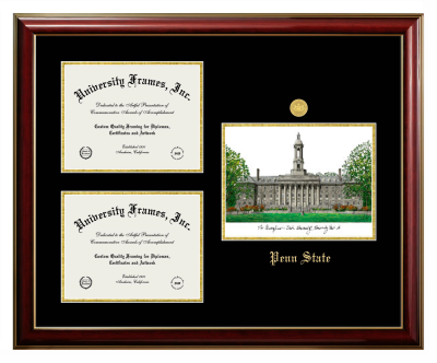 Penn State Triple Opening with Campus Image Frame in Classic Mahogany with Gold Trim with Black & Gold Mats for document: 8 1/2"h x 11"w  , document: 8 1/2"h x 11"w  