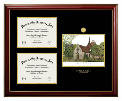 Marquette University Triple Opening with Campus Image Frame in Classic Mahogany with Gold Trim with Black & Gold Mats for document: 8 1/2"h x 11"w  , document: 8 1/2"h x 11"w  