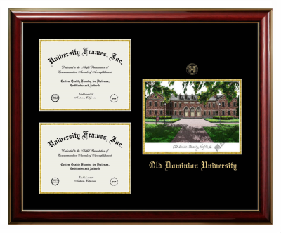 Old Dominion University Triple Opening with Campus Image Frame in Classic Mahogany with Gold Trim with Black & Gold Mats for document: 8 1/2"h x 11"w  , document: 8 1/2"h x 11"w  